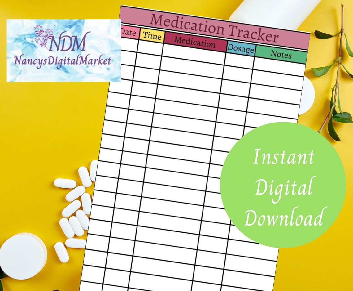 Wallet Size Medication Tracker Digital Printable, 4 Different Color