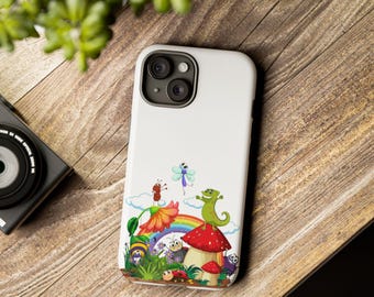 May include: White phone case with a colorful illustration of a rainbow, a mushroom, a ladybug, a bee, a butterfly, and a green lizard. The illustration is on a white background.
