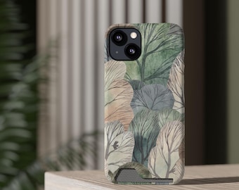 May include: A phone case with a watercolor design of trees and leaves in shades of green, brown, and beige.