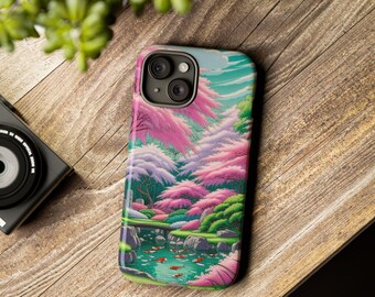 May include: A smartphone case featuring a vibrant Japanese garden scene. The design includes pink and white flowering trees, a pond with orange fish, and a small bridge. The case is set against a wooden background.