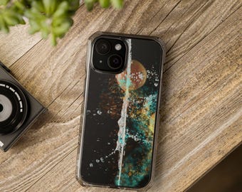 May include: A clear phone case with a black background and a colorful abstract design. The design features a splash of water with a turquoise and gold color scheme.