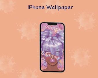 May include: A digital illustration of a woman with purple hair and blue eyes. The background is a pink and purple gradient with a grid pattern. The image is displayed on a smartphone screen.
