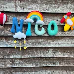name garland with hot air balloon and airplane - felt cloud whit stars - wall nursery decor - boys felt garland - rainbow whit stars