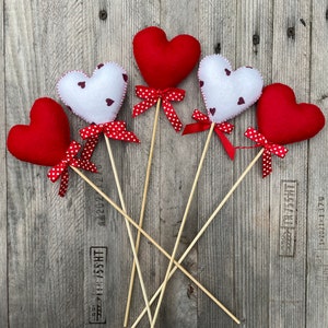 Valentine&#39;s Decoration Felt Hearts in red and white on wood stems- valentine&#39;s felt decorations-set of 5