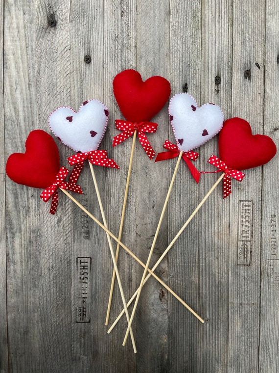 Valentine's Decoration Felt Hearts in Red and White on Wood Stems