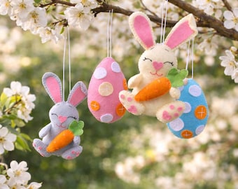 Handmade Felt Easter Ornaments, Bunny and Egg Decor