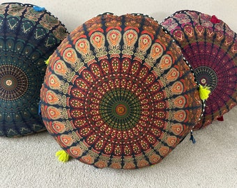 Extra Large Round Recycled Cotton Mandala Design Pattern Eco Friendly Floor Cushion Choice of Colours