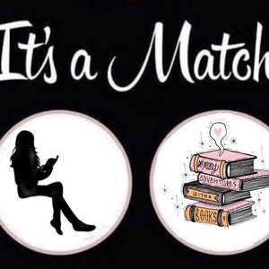 May include: Black background with the text "It's a Match!" in white script. Two white circles feature illustrations: a silhouette of a person reading and a stack of books with the words "Beloved Adventures with Books".