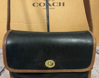 Vintage Coach 6850 Spectator Compartment Bag Black Leather Tabac/Tan Trim. NICE COND!