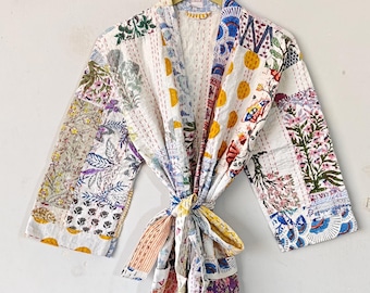 Patchwork Kantha Kimono Long Kimono Jacket Handmade Katnha Robe, Bathrobe Kantha Kimono, Night Wear Women Kimono, Beach Cover Up Robe