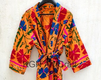 Suzani Hand Embroidered Short Jacket Indian Handmade Kantha Quilt Kimono Jacket Kimono Kantha Quilt Kimono Women Wear Front Side Open Jacket