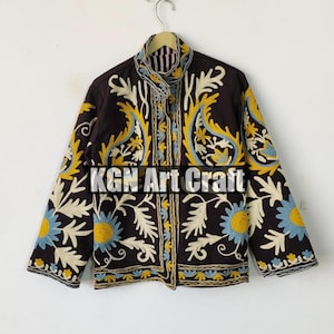 Beige Suzani Embroidery Jacket, Suzani Short Jacket, Womens Coat, Suzani Vest, Unisex Coat, Suzani Short Quilted Jacket