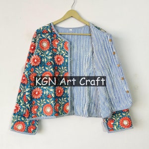 Indian Bohemian Blockprint Women's Quilted Jacket Strip Vintage Quilted Jacket Coat Hand Block Printed Reversible Boho Jacket,