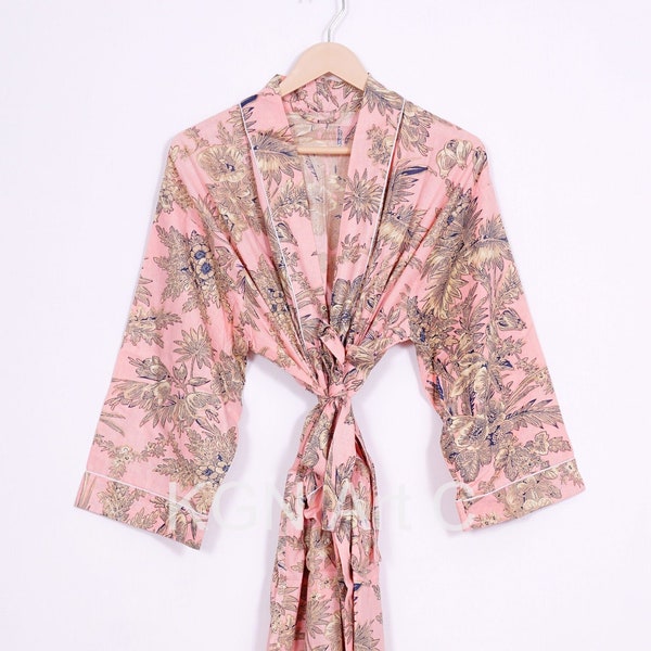 Anokhi Floral Printed Cotton Kimono Robe Indian Handmade Long Bathrobe Dressing Gown Women's Beach Cover Up Cotton Kimono Ethnic Maxi Gown