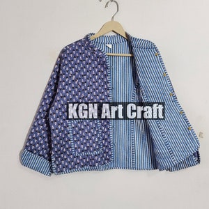 Indian Hand Block Print Fabric Quilted Jacket Short kimono Women Wear New Style white Flower Coat gift for her.
