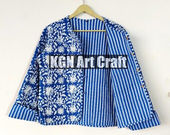 Chaqueta acolchada para mujer India Vintage Floral Short Ladies Chaqueta / Abrigo Regalos hechos a mano para su estampado de bloques Chaqueta acolchada Algodón Boho