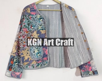 Vintage Bohemian Style Quilted Jacket Hand Block Printed Indian Fabric Cotton Quilting Jackets Gift for Women's Floral Short Quilted Jacket
