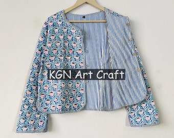 Indian Hand block print cotton quilted jacket coat, Handmade Women&#39;s Wear Coat, Floral Print Jacket, Boho Jacket, Quilted Jacket,
