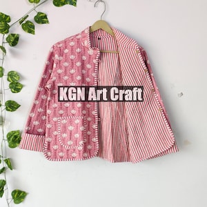 CottonWomen&#39;s Quilted Jacket Block Printed Boho Style Quilted Handmade Jackets, Coat Holidays Gifts Button Closer Jacket for Women Gifts