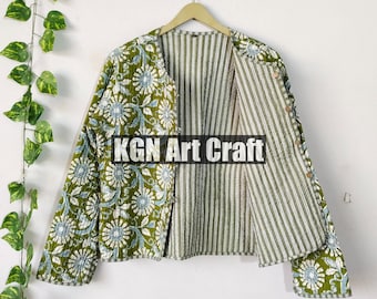 Quilted Cotton Jacket Hand Block Printed, Handmade Floral Cotton Jacket Reversible Strip Quilted Cotton Jacket Party Wear Gift For Women&#39;s