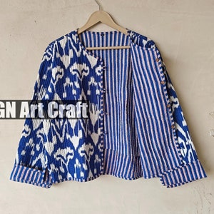 New Ikat Jacket, Cotton Quilted Handmade Cotton Floral Jacket Reversible Strip Quilted Cotton Jacket Party Wear Gift For Women's