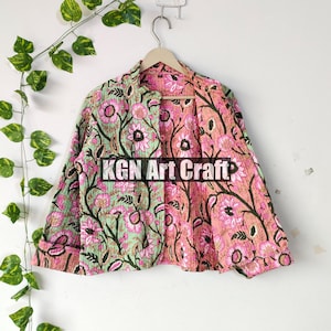 Hand Block Print Cotton Quilted Jacket, Women Wear Front Open Party Wear Handmade Jacket, Short Jacket Block Print Coat Reversible Jacket