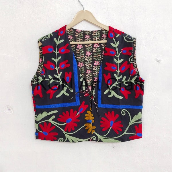 Handmade Short Suzani Vest Jacket Hand Embroidered Short Plus Size Jacket | Autumn Uzbek Kashmir Crewel Christmas Special Gift for her