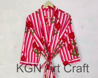 Baumwoll Morgenmantel Boho Baumwolle Bademantel für Frauen Leichte 100% Bio-Baumwolle Handbedruckt Lange Frauen Anokhi Floral Bib Kimono Robe