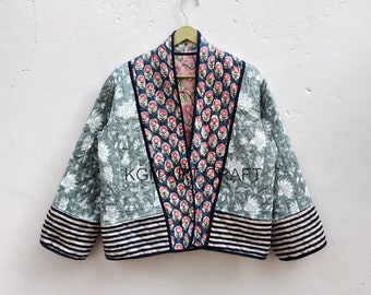 Veste courte moelleuse matelassée indienne, manteau réversible imprimé bloc à main en coton, veste courte matelassée de luxe Cadeau de Noël