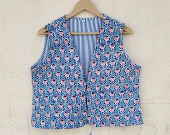 women wear short vest, designer cotton vest jacket, boho hippie jackets, Cotton vest, block print vest coat, Blue floral printed jacket