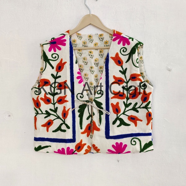 Indian Handmade Suzani Short Jacket, Women's Winter Wear Suzani Vest 100% Cotton Short Vest Coat Uzbek Kashmir Crewel Christmas Special Gift