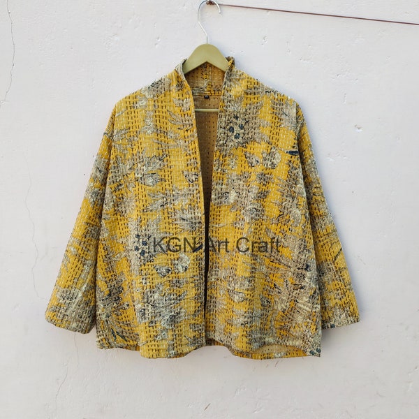 Indian Handmade Kantha Quilt Short Jacket Kimono Women Wear Boho Yellow Color Front Open Quilted Jacket