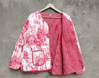 Veste matelassée en coton pour femmes avec passepoil à rayures kimono ouvert sur le devant Veste matelassée vintage faite main, manteaux, nouveau style, rouge bohème