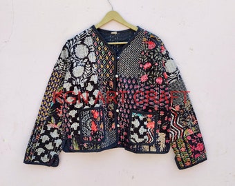 Veste kantha indienne en coton, veste kantha fabriquée à la main, veste matelassée, veste kantha vintage faite main, manteaux, nouveau style, arc-en-ciel vert bohème