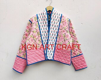 Giacca trapuntata a fiori reversibili vintage, giacca trapuntata, kimono corto da donna, giacca rosa di nuovo stile, moda invernale