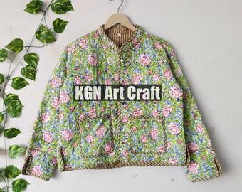 Chaqueta acolchada para mujer, estilo indio vintage con estampado floral, corta, hecha a mano, de algodón, estilo bohemio.