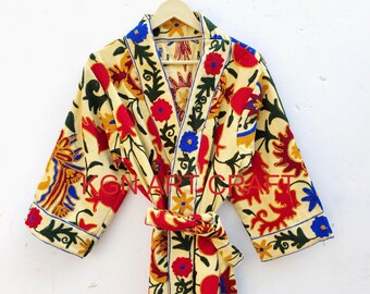 Suzani Hand Embroidered Long Jacket | Winter Boho Uzbek Kashmir Crewel | Christmas Special Gift | Classic Elegant Beige and Black