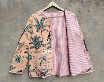 Veste matelassée dans la jungle, veste matelassée en coton que les femmes portent sur le devant, passepoil à rayures kimono ouvert sur le devant, manteaux, nouveau style, vêtements bohèmes double face