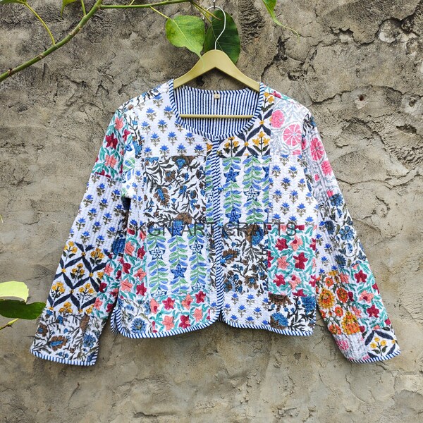 Multi white color hand stitched Kantha Jacket Coat Indian Handmade Quilted patchwork Patchwork Kimono Indian Handmade patch work Jackets