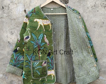 Jungle Quilted Jacket, Cotton Quilted Jacket Women Wear Front Open Kimono Stripe piping HandMade, Coats , New Style, Boho double side wear