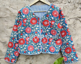 Blau & Rot Indianer Kantha Jacke, Baumwolle Steppmantel, Boho, Hippie, Hand Block Flower Print Winterjacke, Damen Kleidung Jacke