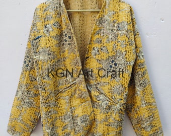 Giacca da donna colore giallo davanti aperta giacca trapuntata indiana fatta a mano Kantha Quilt giacca corta Kimono Le donne indossano Boho