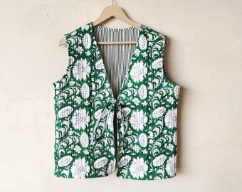 Baumwollweste, Blockprint-Westenmantel, grüne, mit Blumen bedruckte Jacke, Frauen tragen kurze Weste, Designer-Baumwollwestenjacke, Boho-Hippie-Jacken