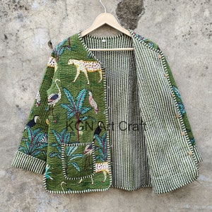 Jungle Quilted Jacket, Cotton Quilted Jacket Women Wear Front Open Kimono Stripe piping HandMade, Coats , New Style, Boho double side wear zdjęcie 1