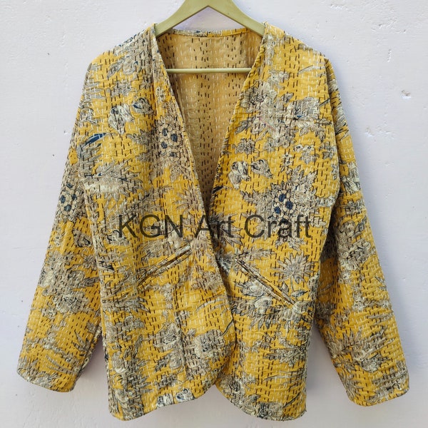 Women Jacket Yellow Color Front Open Quilted Jacket Indian Handmade Kantha Quilt Short Jacket Kimono Women Wear Boho