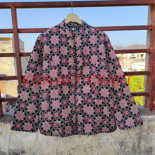 Veste matelassée ajrakh, veste matelassée en coton que les femmes portent sur le devant, passepoil à rayures kimono ouvert sur le devant, manteaux, nouveau style, vêtements bohèmes double face