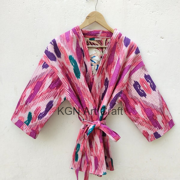 Indian Cotton Ikat Print Quilted Jacket, Both Side Wearable Reversible Handmade Jacket, Women House Wear Wrap Coat, Luxury Quilted Kimono