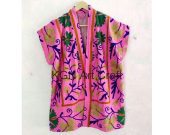 Elegant Suzani Vest Jacket Pink and Blue Hand Embroidered Short Plus Size Jacket | Autumn Uzbek Kashmir Crewel | Christmas Special Gift