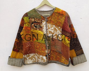 Handmade Patchwork Jacket, Hand Stitched Cotton Patchwork Jacket, Cotton Sari Kantha Coat, Short Jacket