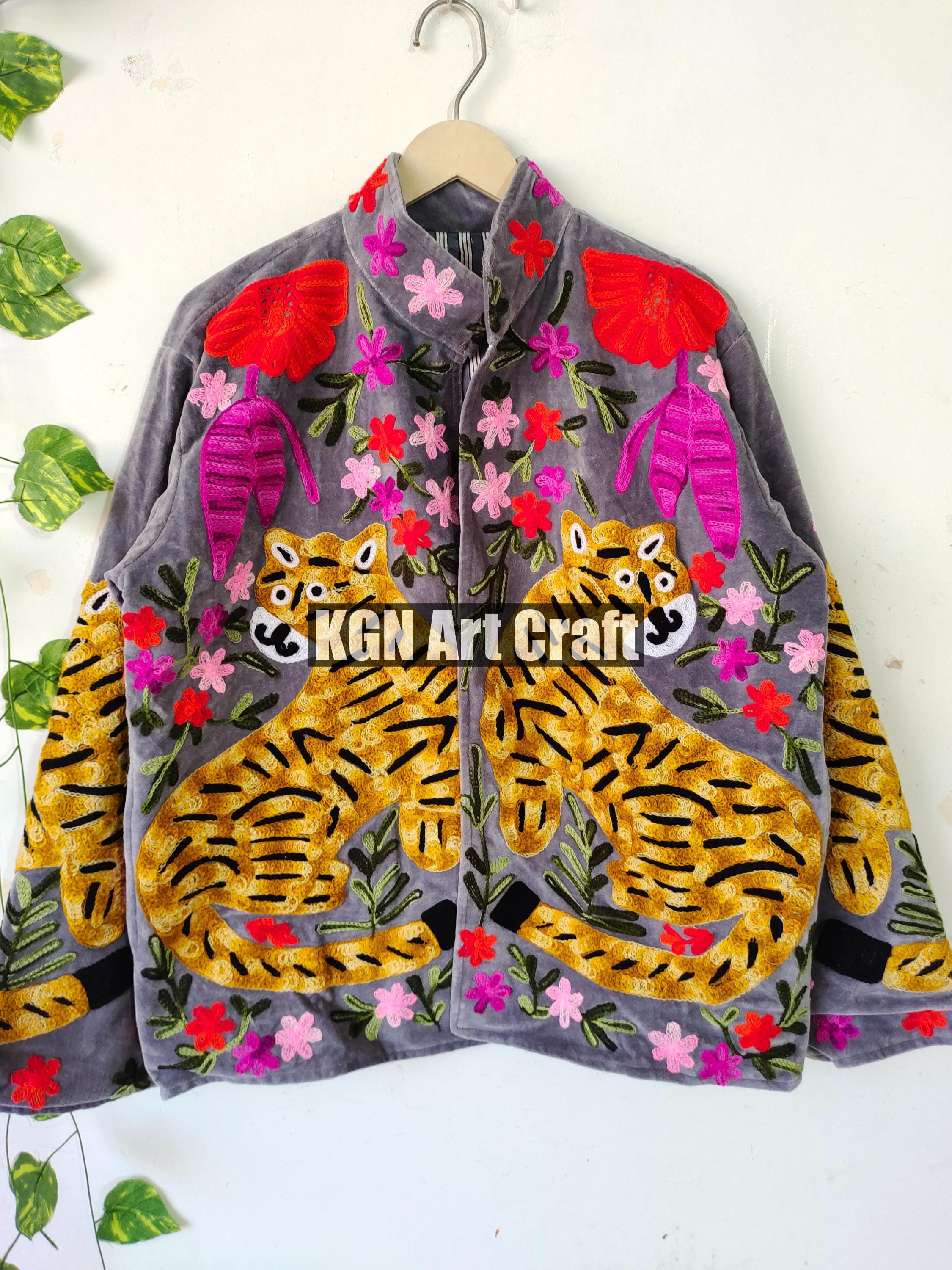 Tiger Floral Embroidery Handcrafted Velvet Suzani Jacket Coat